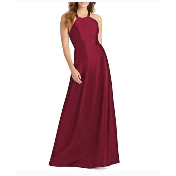Alfred Sung Lace-Up Back Satin Twill A-Line Gown Dress - Burgundy Size 6 NEW - Picture 1 of 4
